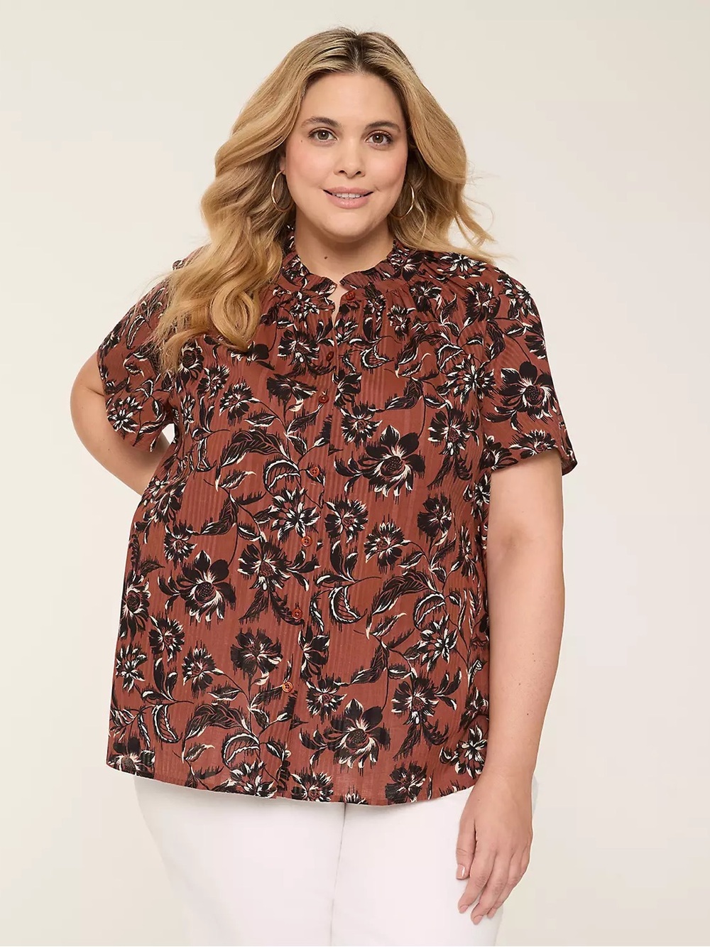 Lane Bryant Rust Floral Button-Front Short Sleeve Blouse